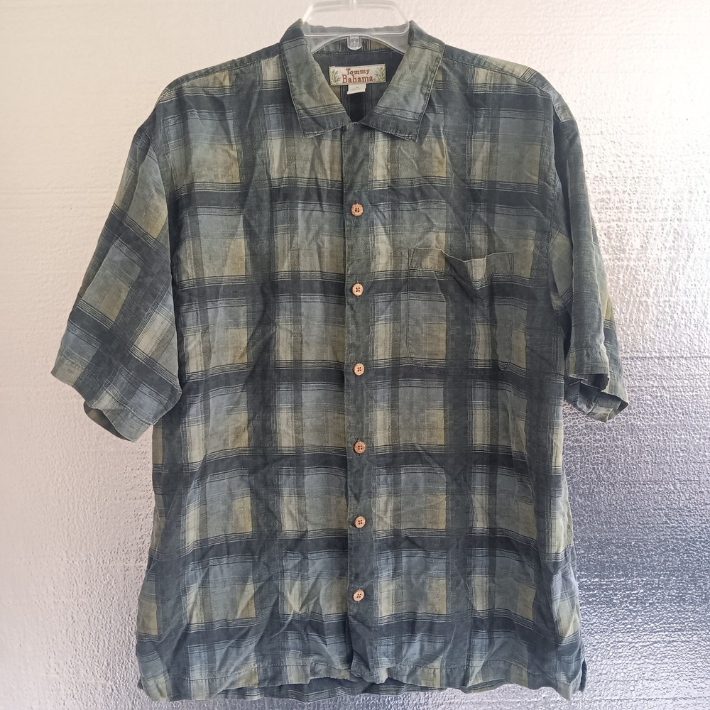 Tommy Bahama Button Up Shirt Mens M Blue/Green Plaid 100% Silk Camp Collar